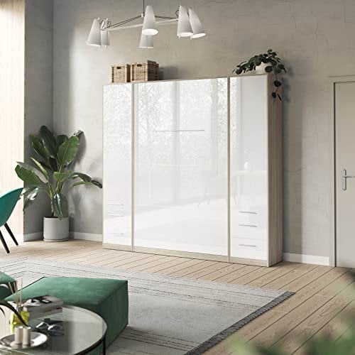 SMARTBett Wohnwand Set mit Schrankbett Standard 140x200 Vertikal + 2 x 50-Schränke Eiche Sonoma/Weiss Hochglanz