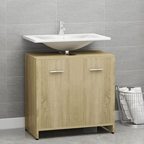 homiuse 60x33x61 cm Badezimmerschrank mit Griff Waschbeckenunterschrank Schrank Badezimmer Möbel Badregal Badschrank Badunterschrank Waschbecken Unterschrank Holzwerkstoff Sonoma Eiche