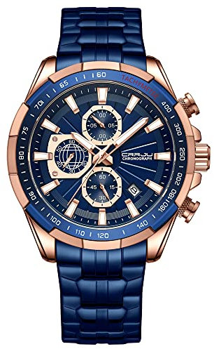 CRRJU Uhr Herren Chronographen Armbanduhr für Männer Wasserdicht Edelstahlarmband Business Analog Quarzuhr Mann Uhren (Blau)
