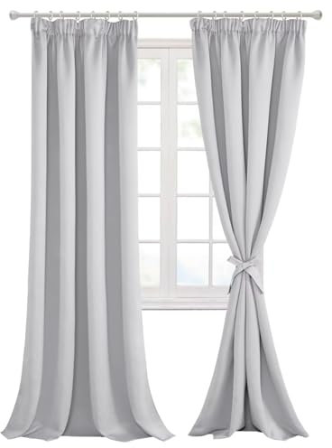 Hiasan Silver Grey Blackout Curtains for Living Room thermal curtains for bedroom with Tiebacks Curtains Pencil Pleat 46 x 90 Inch 2 Panels