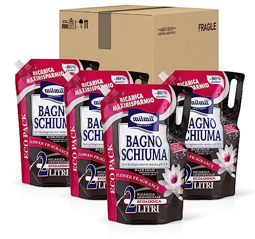 Milmil Bagno Schiuma, Fragranza Floreale, Pratico Formato Convenienza, Dermatologicamente Testato - 4 x 2000 ML