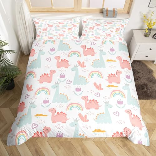 Feelyou Cartoon Dino Duvet Cover Twin, Pink Green Dinosaur Comforter Cover Cute Jungle Dino Bedding Set for Kids Boys Girls Cute Rainbow Bedspread Cover Breathable Bedclothes (No Comforter)