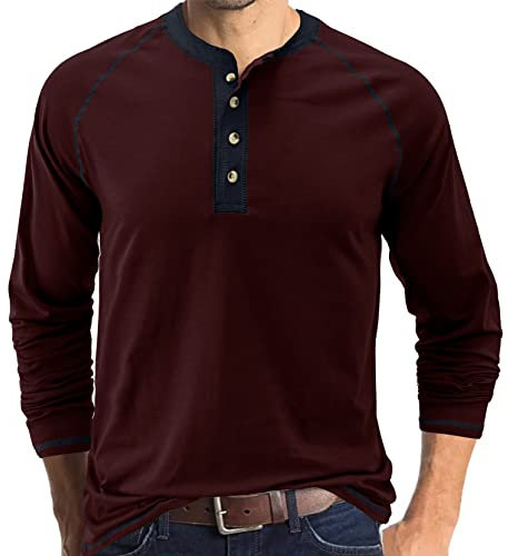 Mens Henley Shirts Casual Shirt Long Sleeve Tops Cotton Tee Basic T-Shirt Crew Neck Top Knitted Buttons Burgundy