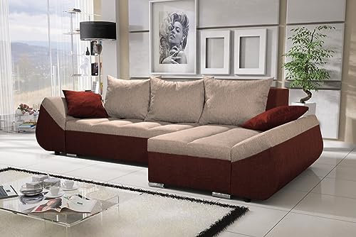 ALTDECOR Ecksofa mit Schlaffunktion und Bettkasten, Polstercouch in L-Form rechts angeordnet, rückenecht gepolstert, ideal als Gästebett - KORFI-L - 251x140x90cm Beige/Bordeauxrot