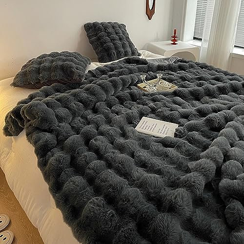 Fouriding Faux Kaninchen Pelz Decke - Winter Weich Warm Blase Kunstpelz für Bett Sofa Casual Bettdecke (Dunkel Grau, 160×200CM)