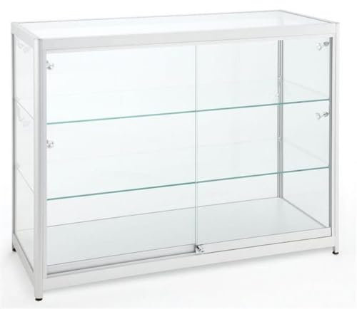 Thekenvitrine ESG-Sicherheitsglas mit LED-Beleuchtung B120 x H94 x T50 cm, Geschäftsvitrine silberne Aluprofile, Verkaufsvitrine abschließbar, Schmuckvitrine 3 Ebenen, hochwertige Produktvitrine