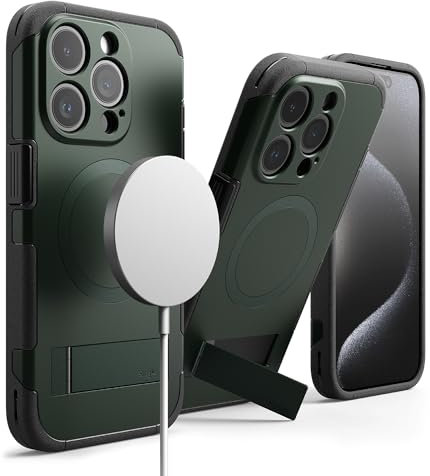 Ringke Alles [Compatible with MagSafe] for iPhone 15 Pro Max Case, [Built-in Kickstand] Rugged Shockproof Bumper Adjustable Stand Protective Phone Cover for Magnetic Charger/Accessories - Dark Green
