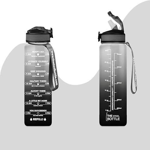 THE STEEL BOTTLE - Gourde de motivation 1 litre avec paille et créneaux horaires - BPA et Phthalate Free - Bouteille hermétique - Idéal pour le sport, le camping de gym (Black & White)