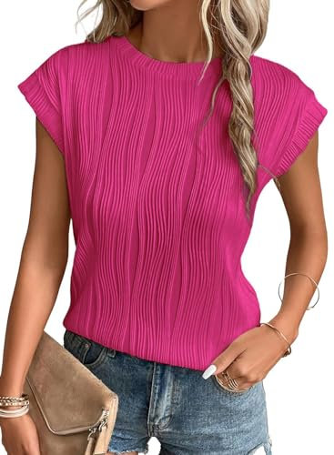 Dokotoo Damen T-Shirt Rundhals Flügelärmeln Oberteile Sommer Kurzarm Basic Bluse Shirts Tops, rosenrot, M