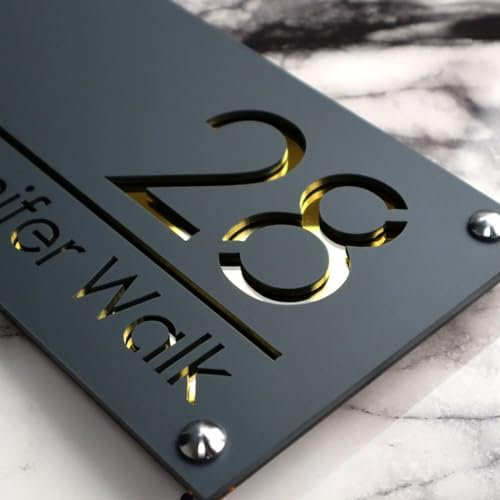 mxn Numéro de maison personnalisable en acrylique 3D - Découpe au laser - Numéro de rue résidentiel - Moderne - Pour la maison et l'extérieur (noir doré)