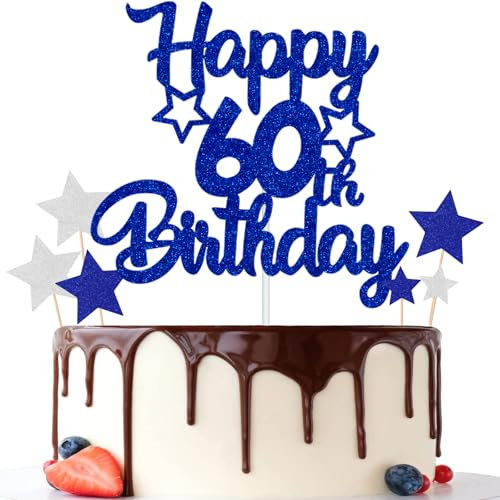 Gidobo 60th Birthday Cake Toppers, Blue Glittery Cake Decorations with Stars, Sixty Years Old Birthday Party Supplies for Men and Women