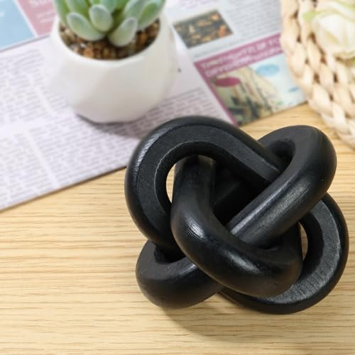 3-Link Wood Chain Link Decor, Hand Carved Wood Art Craft Decorative Chain Knot Ornament for Rustic Tray Shelf Table Decor Farmhouse Decor(black)