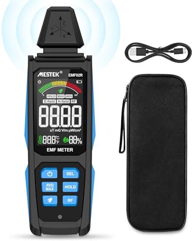 EMF Messgerät MESTEK 5-in-1 EF/MF/Radio-Frequenz EMF Meter, Elektromagnetische Felder Hochfrequenzfeld Strahlung Messgerät, mit Digitaler LCD Wiederaufladbarer für Zuhause, Büro und Outdoor
