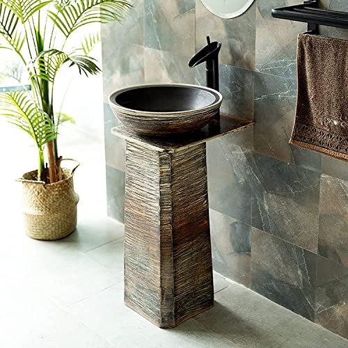 Lavabo en céramique Évier de lavabo sur colonne de style industriel, ensemble en céramique avec totem à rayures pour évier à colonne 77 * 43 cm, lavabo de salle de bain rétro sculpté à la main avec r