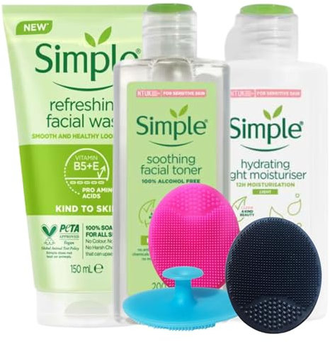 Silicone Face Scrubber Bundled with Simple Skincare Set containing Face Wash, Toner & Moisturiser and 3 Kyeltri Silicone Face Exfoliating Brush