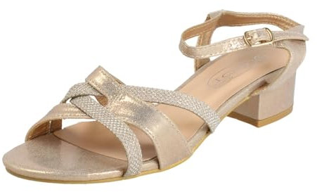 Spot On Ladies Extra Wide Block Heel Sparkly Sandals F12118 - Rose Gold Textile - UK Size 5 - EU Size 38 - US Size 7