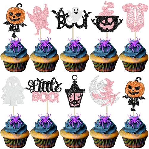 Gyufise 24Pcs Halloween Cupcake Toppers Spooky One Girl First Birthday Cupcake Decorations Ghost Bat Spider Pumpkin Cupcake Picks for Halloween Baby Shower 1st Birthday Party Cake Decorations Pink