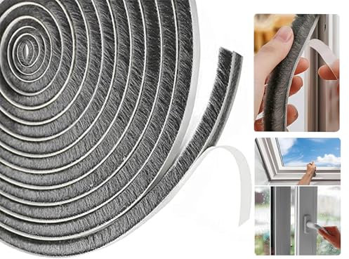 Draft Excluder for Doors Windows, 5 Meters(L) x 9 mm(W) x 15mm(T) Brush Weather Stripping Tape Self-Adhesive Seal Strip Grey