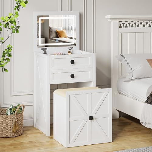 FREDEES 3-in-1 Schminktisch mit Spiegel, Kleine Schminkkommode mit Sanfter Beleuchtung, Platzsparende Schminkkommode mit Stauraum und Gepolstertem Hocker, Schminktisch