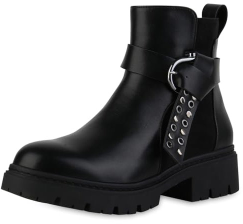 VAN HILL Damen Biker Boots Blockabsatz Schnallen Trendy Schuhe 216449 Schwarz 39