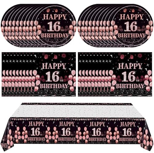 41Pcs 16th Birthday Party Decorations for Girls Her, Rose Gold Birthday Supplies Include 20 Plates 20 Napkins and 1 Tablecloth, Sweet Sixteen Year Old Birthday Party Tableware for Girls Kids Children