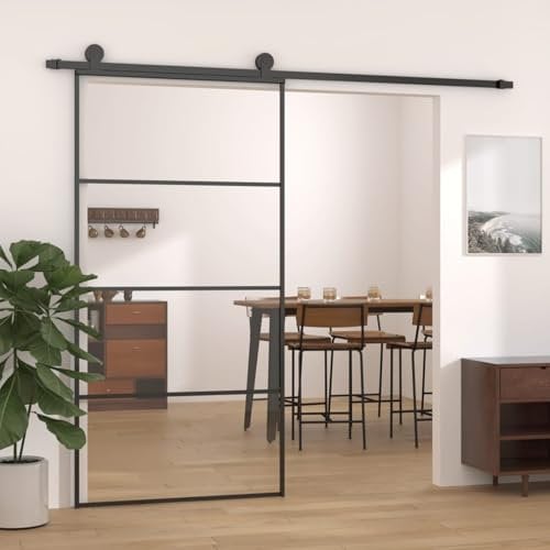 IKAYAA Porta Scorrevole in Vetro Porta Scorrevole Interno Muro in Alluminio e Vetro ESG per Bagno Cucina Studio-Nero-102.5 x 205 cm-Tipo 2