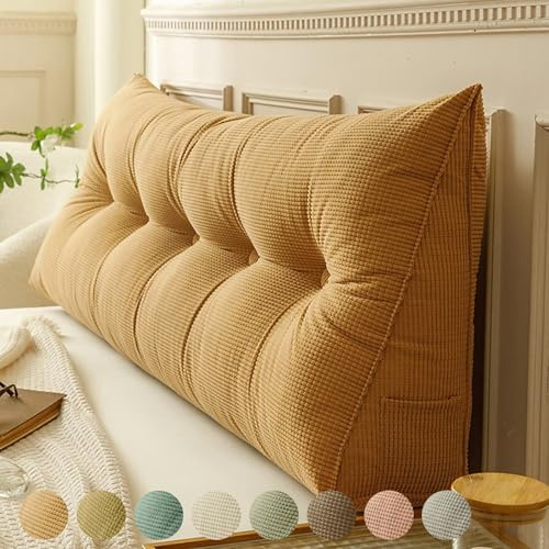 Rückenkissen Bett Brown 60cm, Groß Lesekissen für Bett und Sofa, Cord Bettkissen Rückenlehne Rückenpolster Keil Kopfteil Kissen, Dreieckige Rückenstützkissen Keilkissen Lendenkissen Kopfkissen