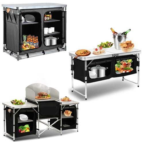 Peviasot Campingküche - Klappbare Outdoor Camping Küche mit Aluminiumgestell, 600D Schwarz | Inkl. Campingmöbel, Reiseküche & Küchenbox | Perfekt für Camping, Garten, Picknick & Outdoor-Abenteuer
