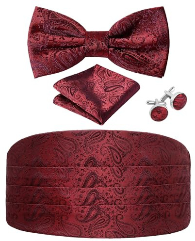 JUNMEISI Paisley-Kummerbund und Fliege, verstellbar, formell, Herren-Kumberbund, Smoking, Fliege, Manschettenknöpfe, Set und Einstecktücher, Rot/Ausflug, einfarbig (Getaway Solids), 4-Stück Set