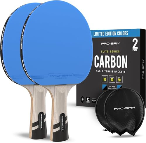 PRO SPIN Pala de Ping Pong con Fibra de Carbono | Color de Edición Limitada | Madera 7-ply, Goma Ofensiva, Esponja 2 mm (Pack de 2 Azul)