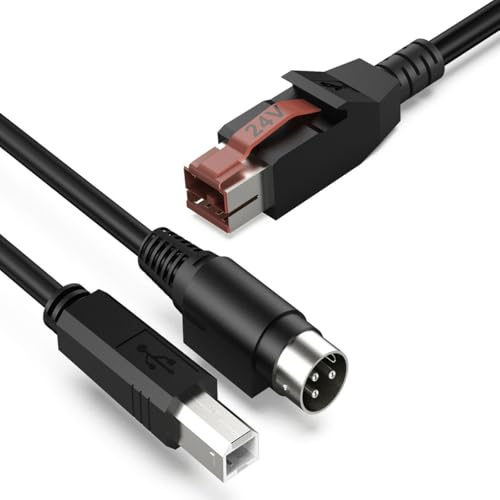 HTGuoji 24V Powered USB to USB Type B + Din 3Pin Barcode scanning Cable | 24V One to Three Power Y Splitter USB Printer Data Cable for Aures epson digipos epos POS Systems EPoS Printer(2meter)