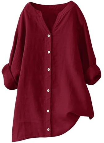 RLEHJN Chemisier Femme en Coton Et Lin Chemise Longue Ample De Couleur Unie en Cotton Et Line Robe Chemisie Femmes Chic Et Elegant Haut Fluide Casual Vintage T-Shirt Tunique Grande Taille Pas Cher