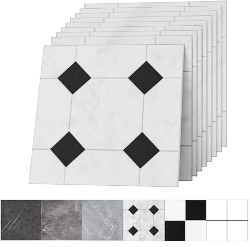 Suelo de PVC autoadhesivo de 30 x 30 cm, efecto de vinilo, laminado de vinilo, impermeable y duradero, para salón, cocina, baño, balcón, color negro y blanco, 50 azulejos, 4,5 m²