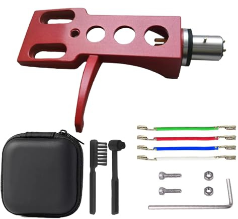 Universal Headshell LP Turntable Cartridge, Red, Phonograph Lead Wires, Screws, Turntable Stylus Cleaning Brush, Headshell Storage Case.