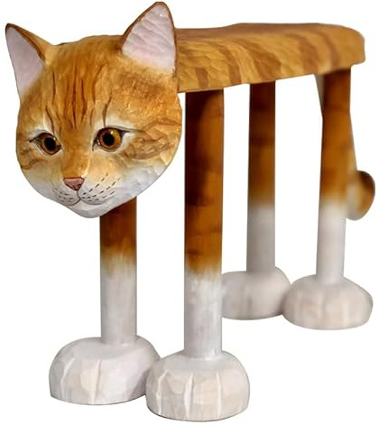 Ottomane aus Massivholz, handgeschnitzt, orangefarbene Katze, Hocker, handbemalt, Kunsthandwerk, Fußhocker für Heimdekoration, Schuhbank, Couchtisch, Hocker