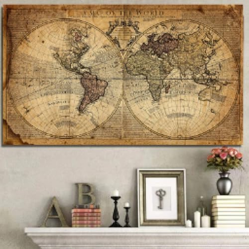 TONGYINLI Weltkarte, Retro, altes Bild, Leinwand, Vintage, Erdgemälde für Wohnzimmer, Poster, Drucke, Heimarbeitszimmer, Wandkunst, Dekor, 70 x 140 cm, Rahmen