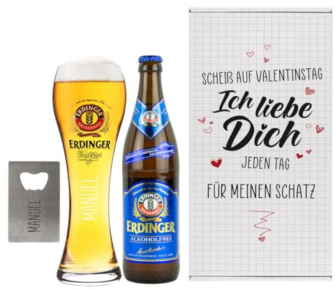 Herz & Heim® Weißbier Geschenkset für Männer Scheiß auf Valentinstag mit Personalisierung - Weizenglas, Flaschenöffner, Weißbier & Geschenkbox (Erdinger Weißbier alkoholfrei)