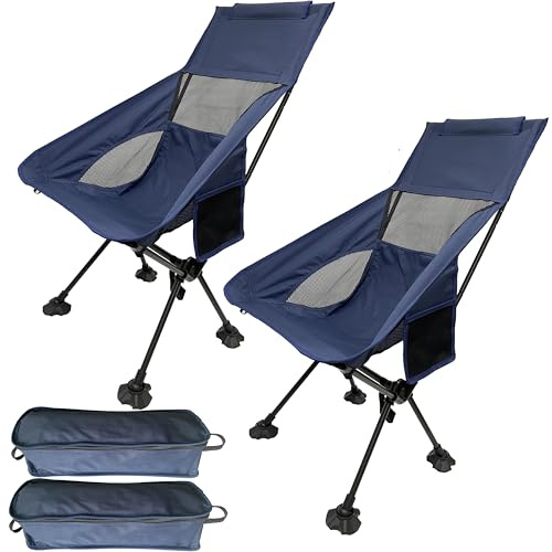 2 PCS Folding Camping Chair, Lightweight and Quick to Install, with Headrest and Side Pockets, Storage Bag, 300-pound Weight Capacity, Suitable for Outdoor Hiking, Traveling, BBQ, Fishing (Navy blue)