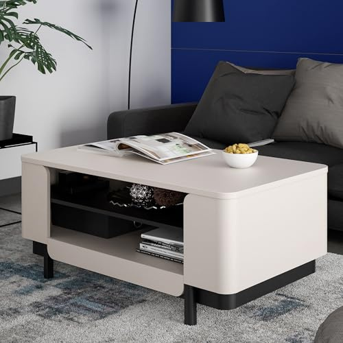 Forte VODOL Couchtisch 115, moderner Sofatisch mit Stauraumfach, Holzwerkstoff, Kaschmir|Beige | Schwarz, 115 cm breit x 49,4 cm hoch x 65,4 cm tief