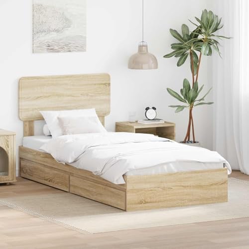 sephironlbb Sonoma-Eiche Stauraumbett 90x190 cm aus Holzwerkstoff, Einzelbett mit Lattenrost, Kopfteil und Schubladen für Schlafzimmer, robust und pflegeleicht