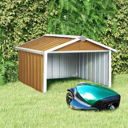 Refined Rasenmäher Garage 92x97x63 cm Verzinkter Rasenroboter Mähroboter Dach Überdachung Unterstand Sonnenschutz Mährobotergarage Stahl Braun