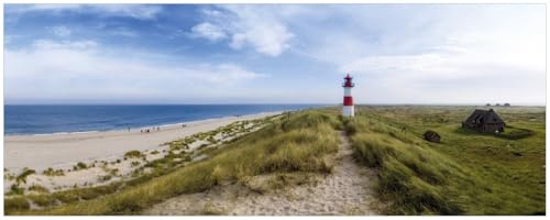 Wallario Memoboard aus Glas mit Motiv, Magnet-Tafel in 32 x 80 cm in Premium Qualität Am Strand von Sylt Leuchtturm auf der Düne Panorama