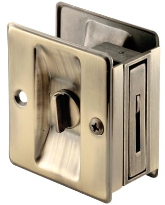 Prime-Line N 6774 Pocket Door Privacy Lock with Pull - Antique Brass, Replace Old or Damaged Pocket Door Locks Quickly and Easily (Single Pack)