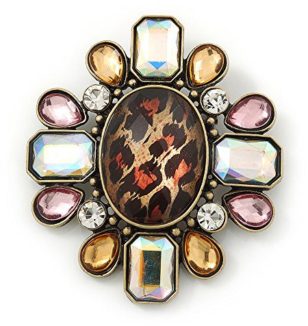 Vintage Inspired Oval AB Glass Stone & Animal Print Corsage Brooch In Antique Gold Tone - 65mm Length