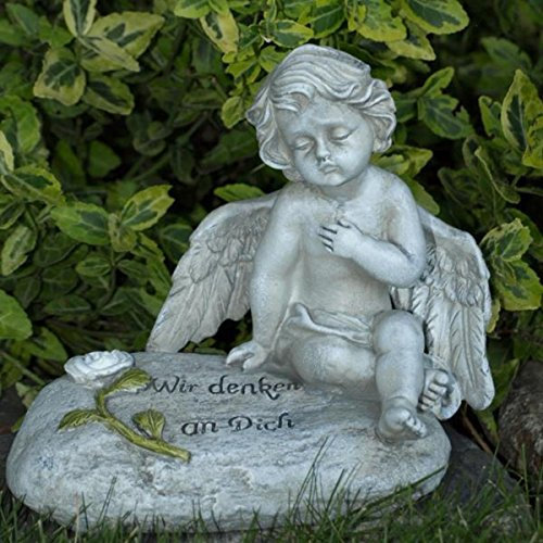 Trauer-Shop Sitzender Grabschmuck Engel auf Deko Stein mit Inschrift Wir Denken an Dich. Höhe 16cm