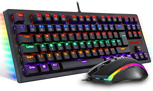Redragon K552-BA-UK Gaming Teclado Y Ratón Plus Mouse Pad Combo, RGB LED Retroiluminado Teclado De 87 Teclas, M601 Ratón Programable, Alfombrilla De Ratón Grande para Juegos (Diseño QWERTY UK)