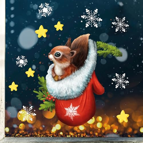 Wandtattoo Loft Fensterbilder Weihnachten mit Eichhörnchen im Handschuh – Wiederverwendbar – A4 Bogen – Weihnachstdeko Fenster Kinderzimmer, Weihnachtsbilder Fenster, Fensterbild Winter