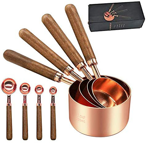 Measuring Cups and Measuring Spoons Set, Cup Measuring Set with Thickened Wooden Handle Rose Gold Stainless Steel Copper Plated Baking Tool, 4 Measuring Cups + 4 Measuring Spoons