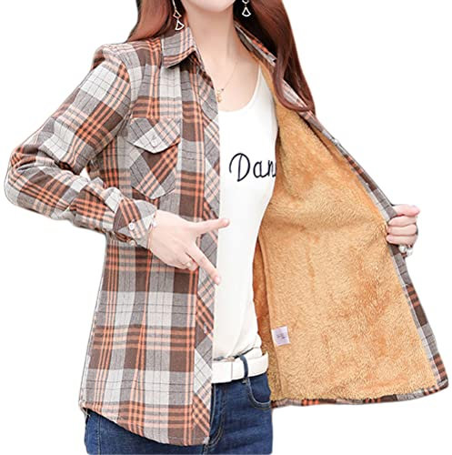 Minetom Kariert Hemd Damen Samt Warm Plaid Herbst Winter Langarm Jacke Gefüttert Plüsch Blusenshirt Hemdbluse Knöpfen Blusen Oberteil Stil M Khaki 44