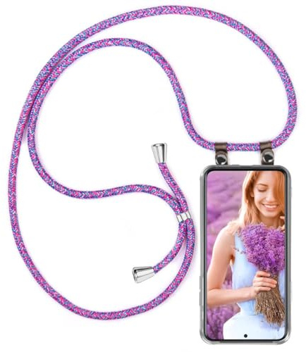 moex Handykette für Samsung Galaxy S22 Hülle mit Band abnehmbar, Handyhülle mit Kette zum Umhängen, Handyband 155 cm lang Stoff Kordel Umhängehülle, Handy Umhängeband, Lila Pink